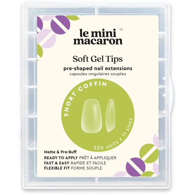 Le Mini Macaron Le Gel Soft Gel Tips Short Coffin, Matte & Per Buff Effect Small