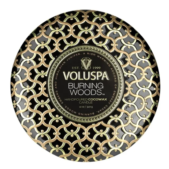 Voluspa 3-Wick Candle Decorative Tin Burning Woods