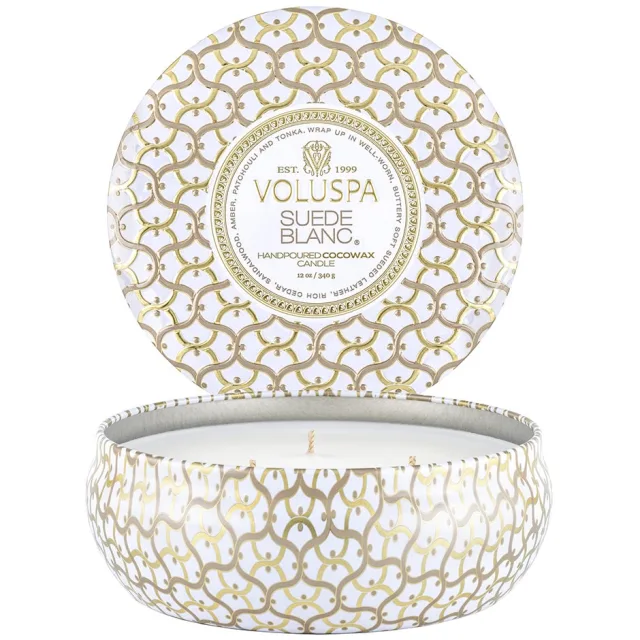 Voluspa 3-Wick Tin Candle Suede Blanc
