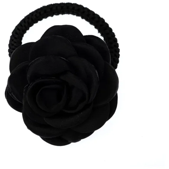 Dark Satin Rose Hair Tie Black