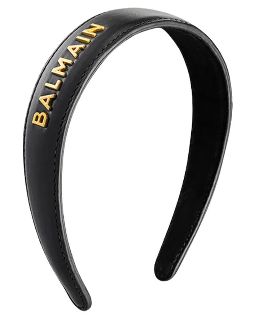 Balmain Black Leather Headband With Gold Plated Logo