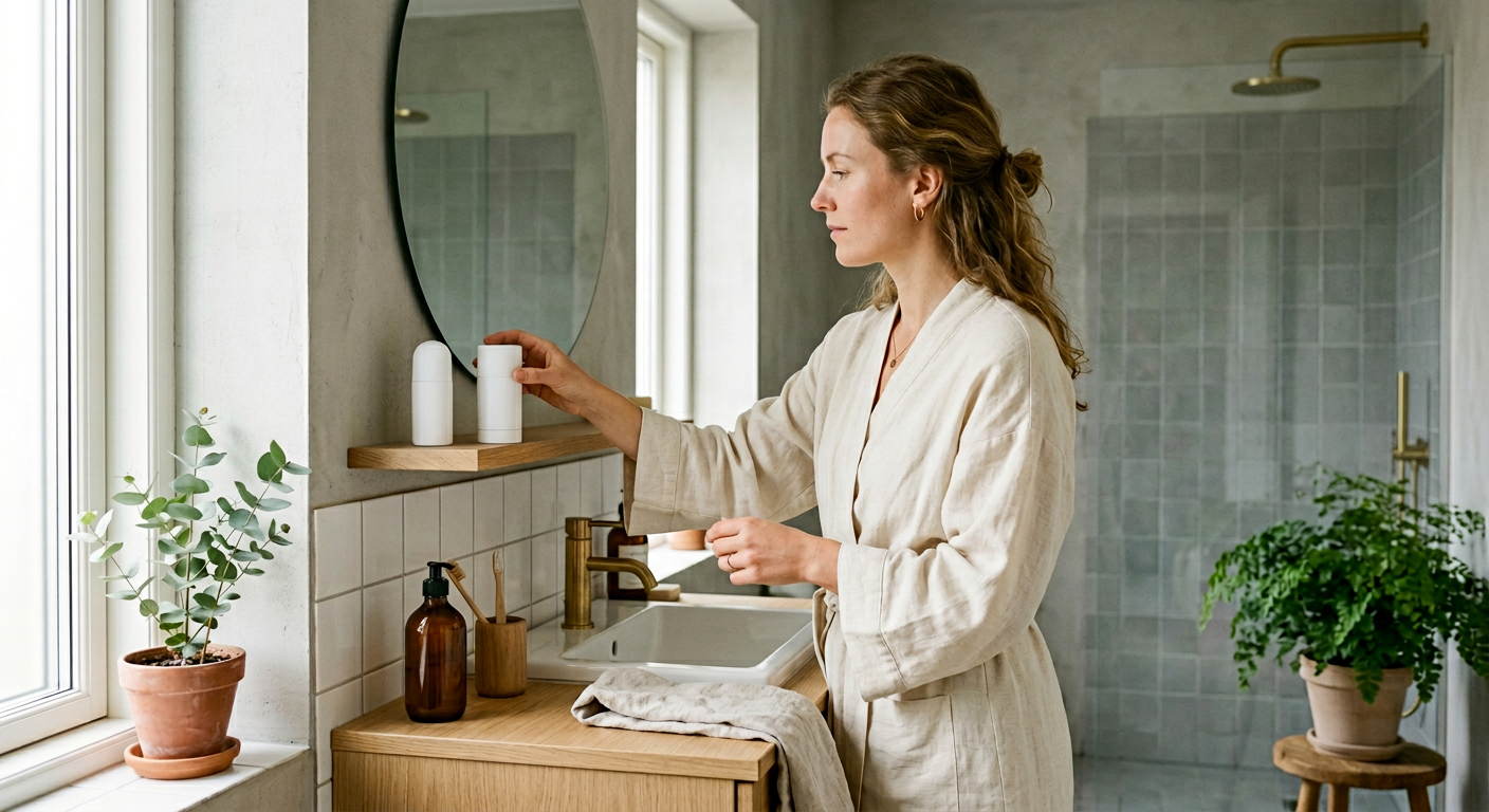 Person som väljer deodorant i badrumsmiljö