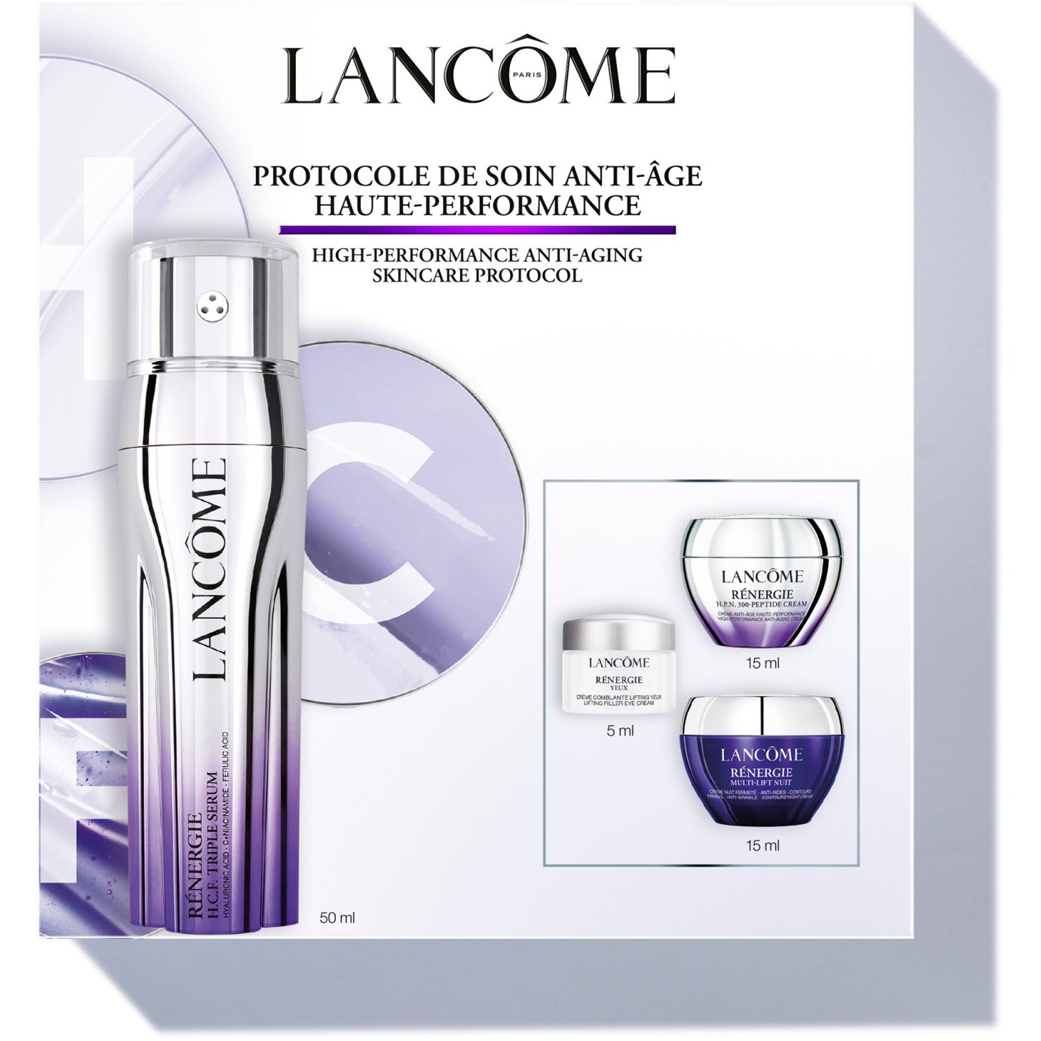 Lancôme Lancôme Rénergie H.C.F. Triple Serum Face Routine Set 2025: Rénergie H.C.F. Triple Serum 50ml, Rénergie H.P.N. 300-Peptide Cream 15ml, Rénergie Night Cream 15ml & Rénergie Eye Cream 5ml 1 pcs