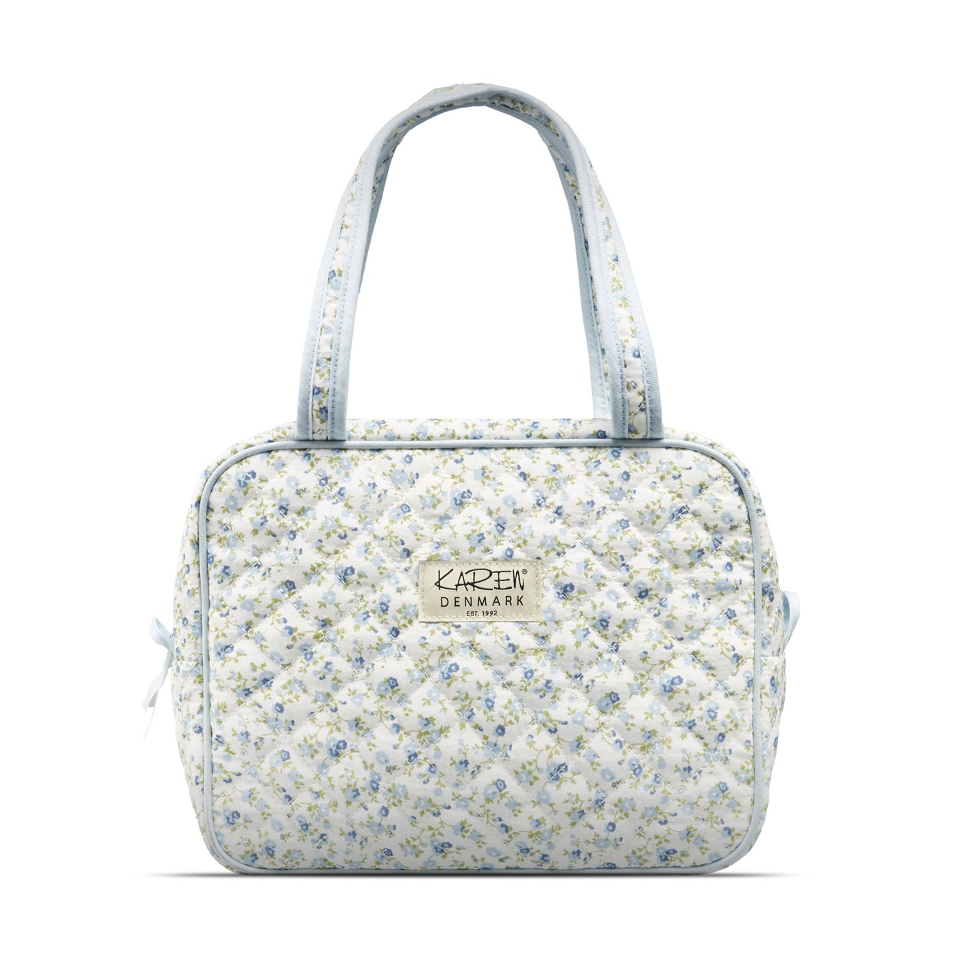 Karen Large toilet bag with handle in blue small flowered quilt.