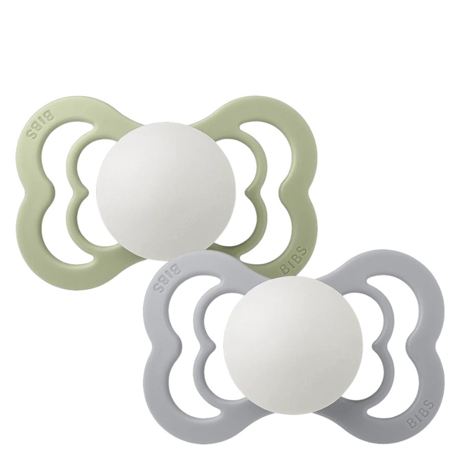 BIBS Pacifier Supreme 2 PACK Silicone Size 1 Sage GLOW/Cloud GLOW