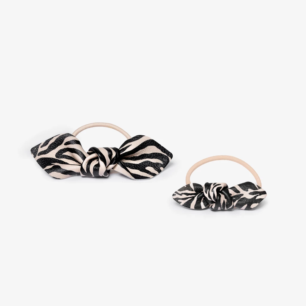 Leather Bow Hair Tie Big And Small 2-Pack Zebra