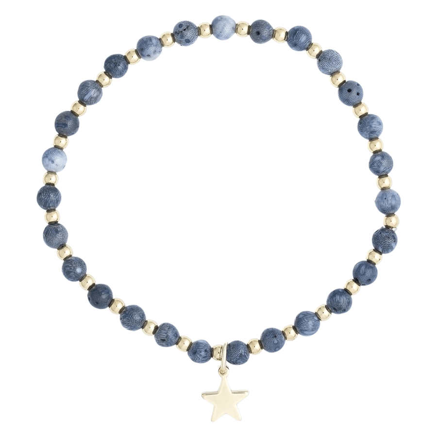 DARK Stone Bead Bracelet With Gold Beads & Steel Blue 4mm