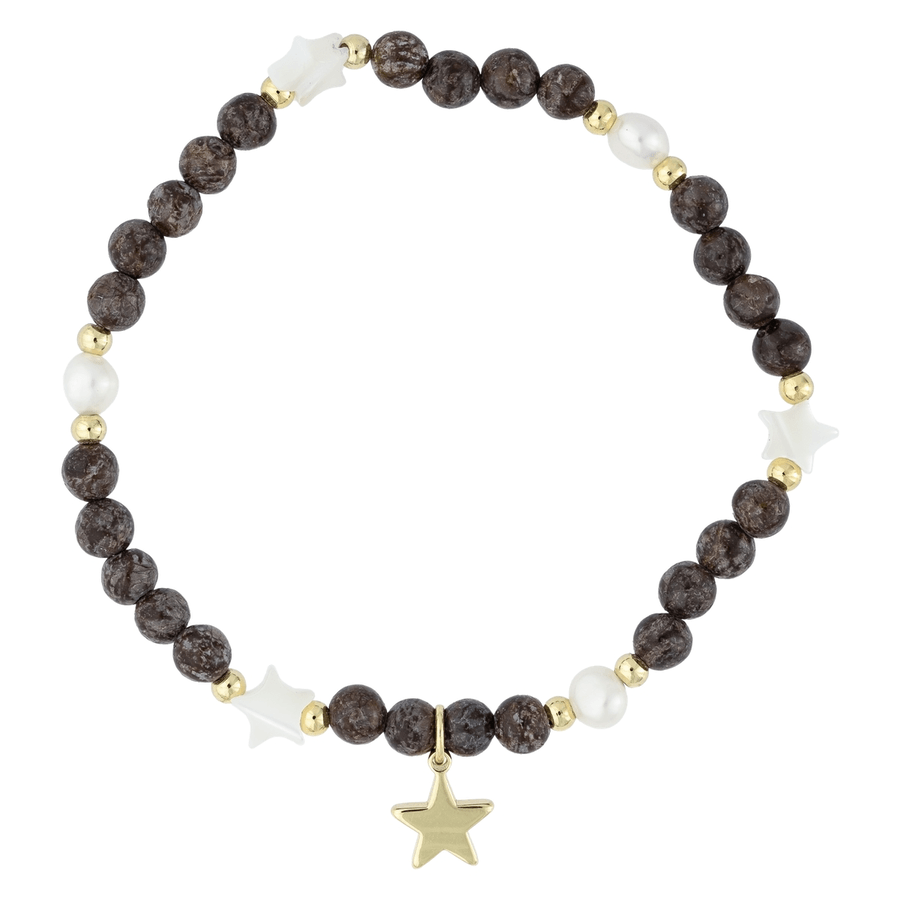 DARK Stone Bead Bracelet With Mop Star & Pearls Chocolate Brown