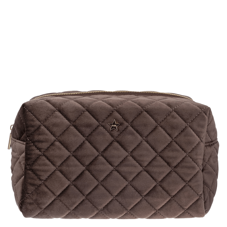 DARK Velvet Square Quilted Make-Up Pouch Large Chocolate Brown