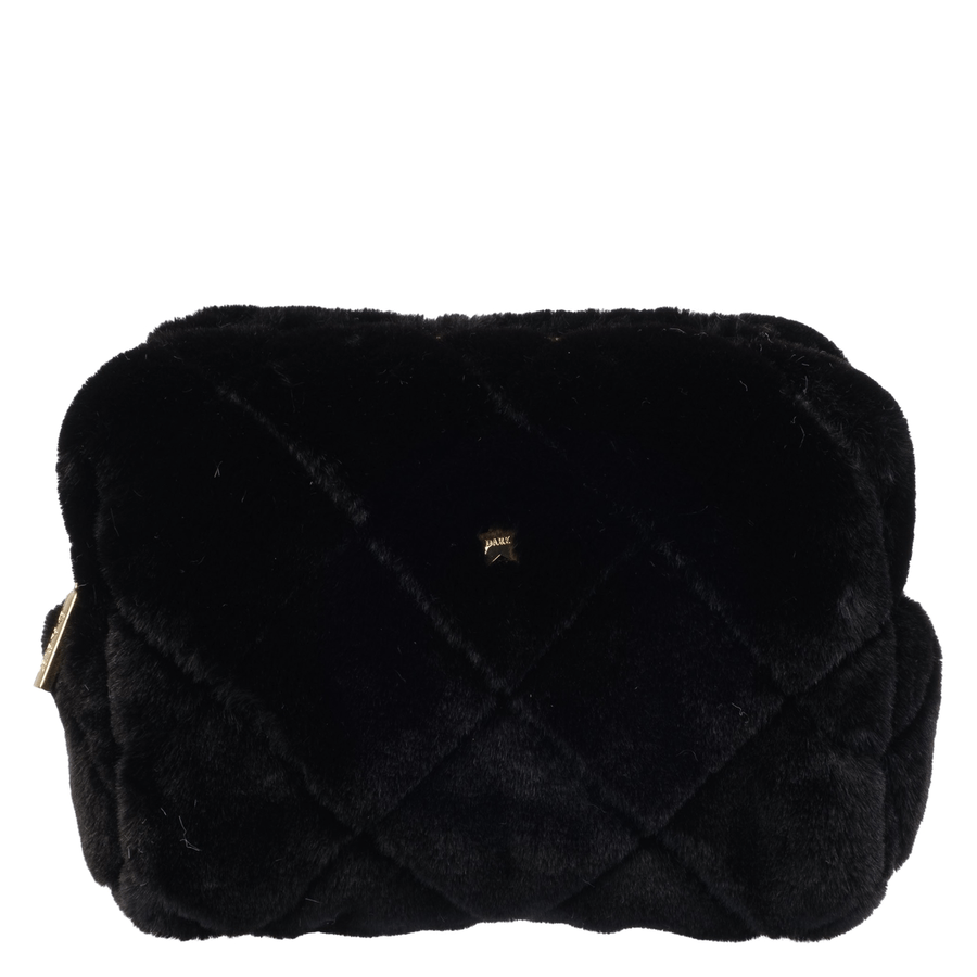 DARK Faux Fur Quilted Make-Up Pouch Small Black