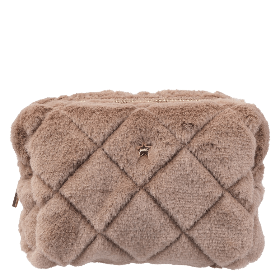 DARK Faux Fur Quilted Make-Up Pouch Small Warm Taupe