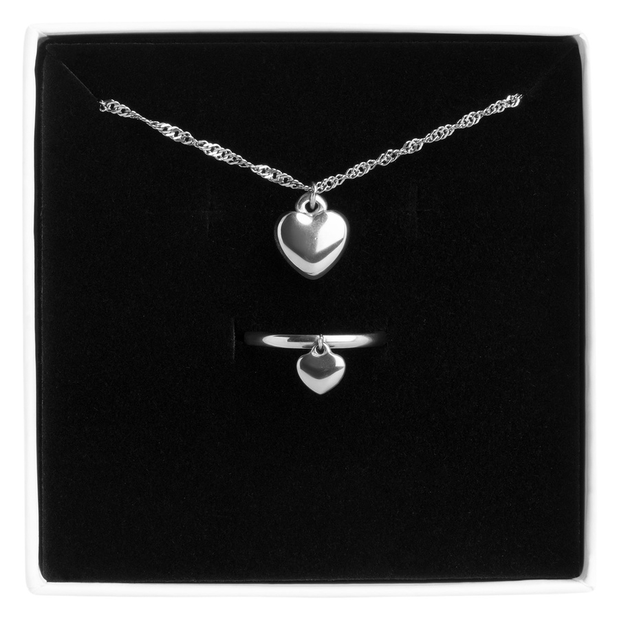 Timi of Sweden Heart Necklace & Ring Set Stainless Steel Silver
