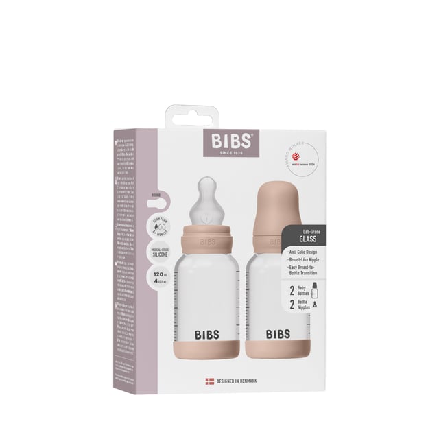 BIBS Glass Baby Bottle Round Silicone Slow Flow Blush 120 ml 2 st