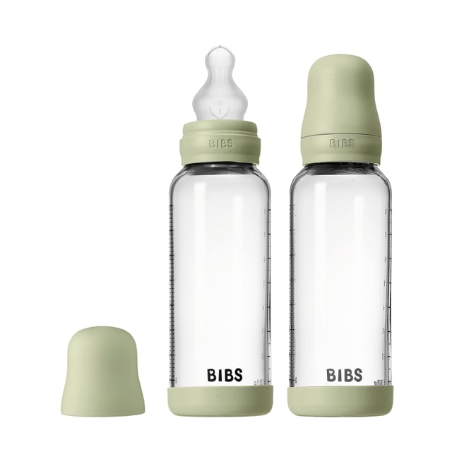 BIBS Glass Baby Bottle Round Silicone Medium Flow Sage 240 ml 2 st