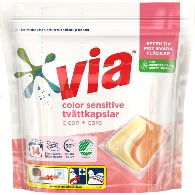 Via Clean+Care Tvättkapslar Color Sensitive Parfymfri Svanenmärkt 14 st