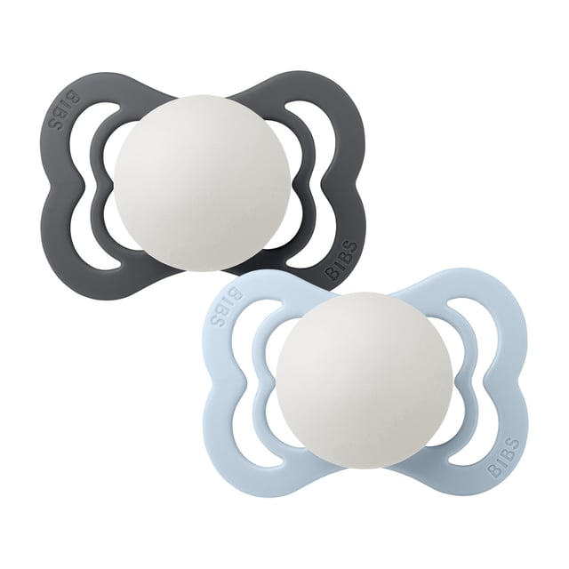BIBS Pacifier Supreme Silicone Size 1 Iron Glow/Baby Blue Glow 2 st