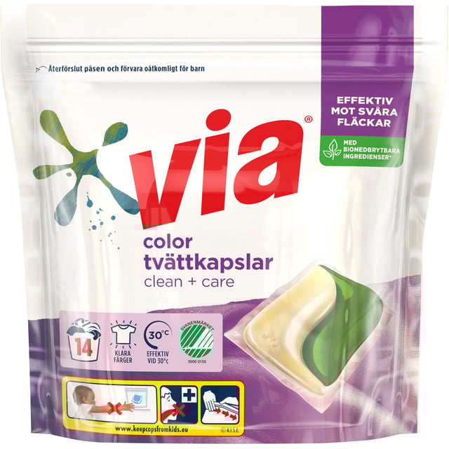 Via Clean+Care Tvättkapslar Color Svanenmärkt 14 st
