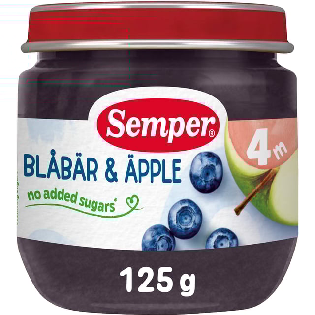 Semper Fruktpuré Blåbär & Äpple 4 månader 125 g