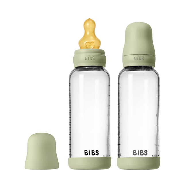 BIBS Glass Baby Bottle Round Latex Medium Flow Sage 240 ml 2 st