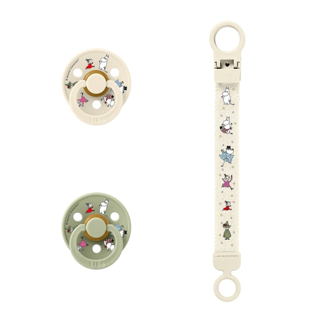 BIBS x Moomin Colour Pacifier & Loop Clip Gift Set Latex Size 2 Ivory/Sage