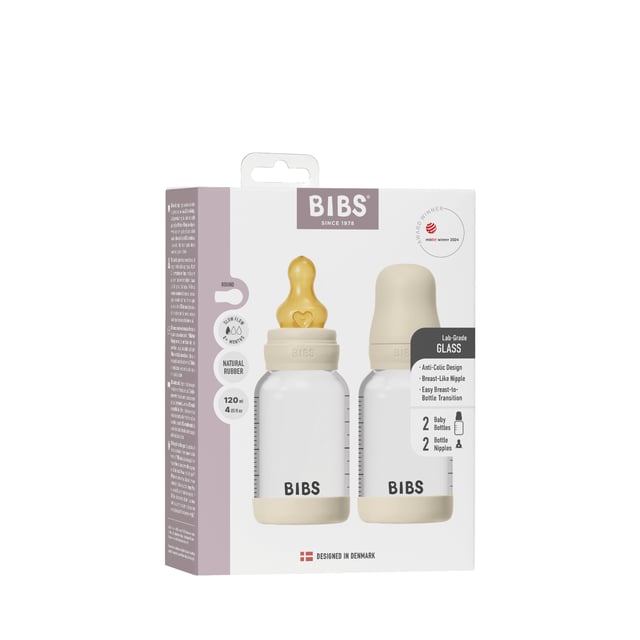 BIBS Glass Baby Bottle Round Latex Slow Flow Ivory 120 ml 2 st