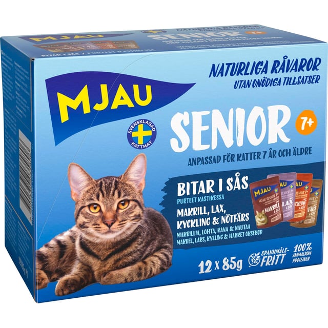 Mjau Senior Våtfoder Makrill, Lax, Kyckling, Nötfärs 12 st x 85g
