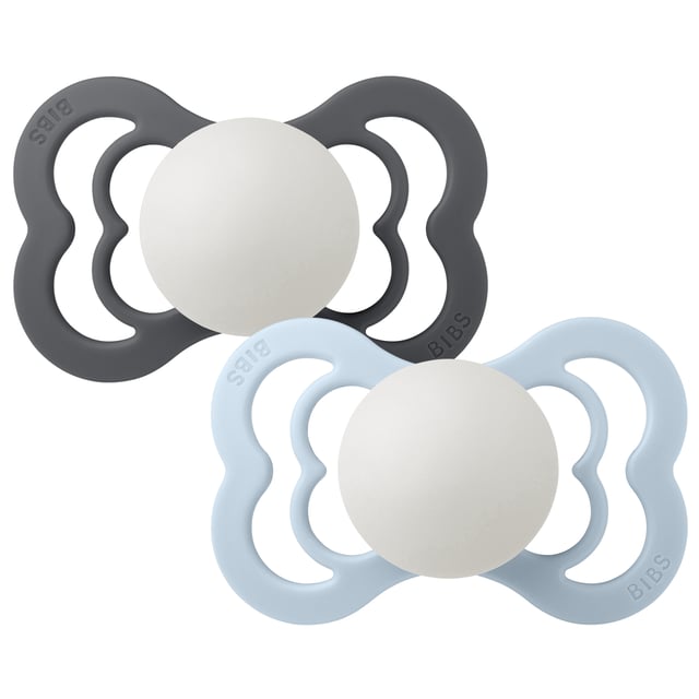 BIBS Pacifier Supreme Silicone Size 2 Iron Glow/Baby Blue Glow 2 st