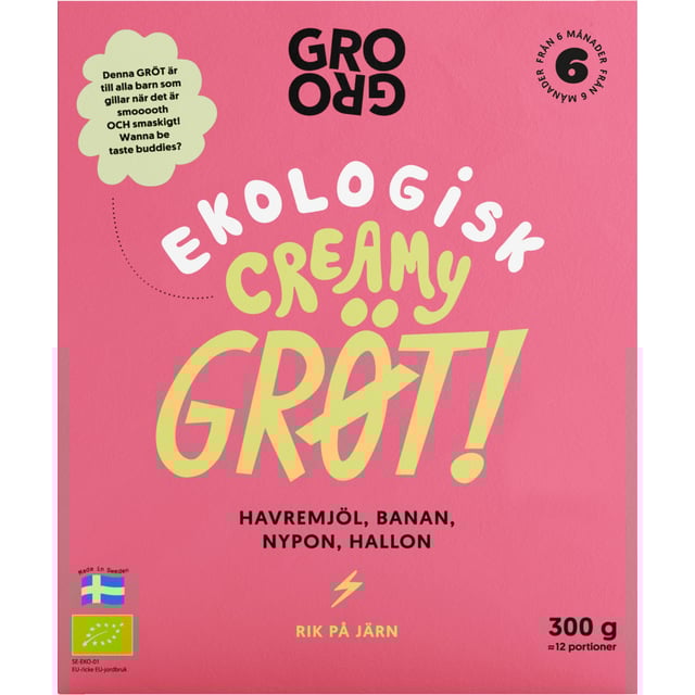GroGro Creamy Pulvergröt Hallon & Banan 300g