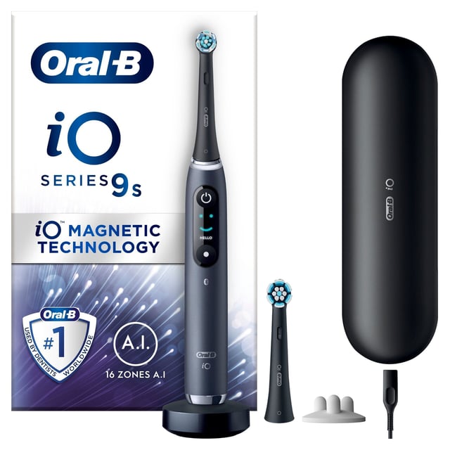 Oral-B iO 9s Eltandborste Svart Onyx, 2 tandborsthuvuden, 1 laddningsbart resefodral