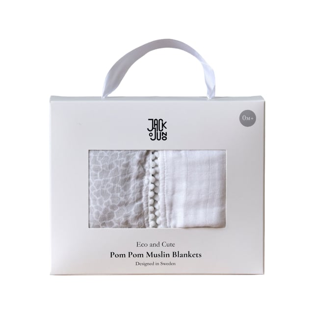 Jack o Juno Pom Pom Muslin Blankets Pearl & Giraffe Gray 2-pack