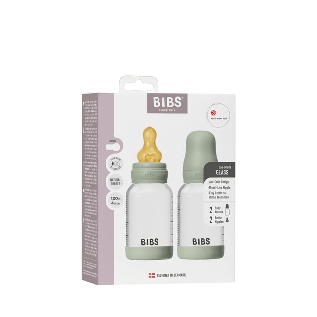 BIBS Glass Baby Bottle Round Latex Slow Flow Sage 120 ml 2 st