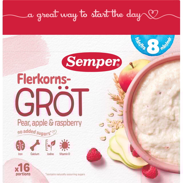 Semper Flerkornsgröt Päron/Äpple/Hallon från 8 månader