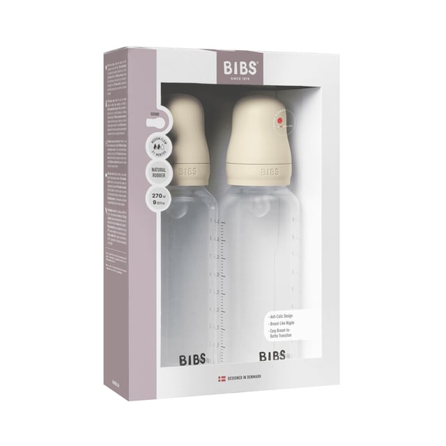 BIBS Baby Bottle Round Silicone Medium Flow Ivory 270 ml 2-pack