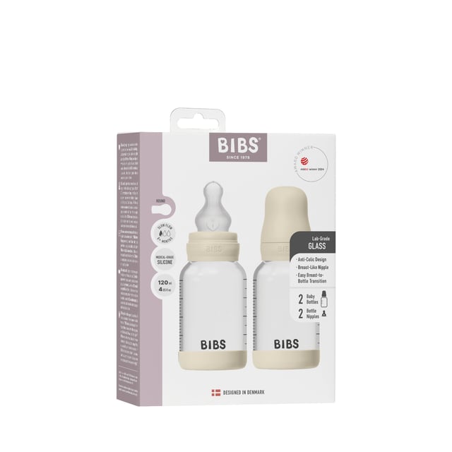 BIBS Glass Baby Bottle Round Silicone Slow Flow Ivory 120 ml 2 st