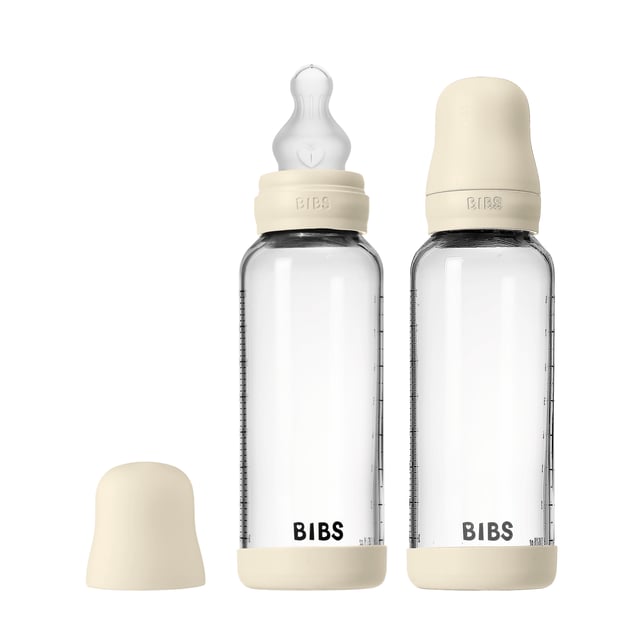 BIBS Glass Baby Bottle Round Silicone Medium Flow Ivory 240 ml 2 st