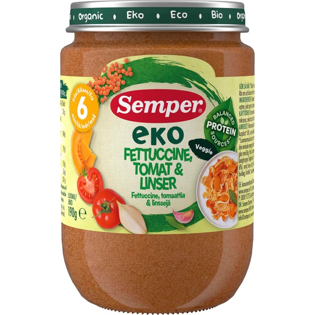 Semper EKO Fettuccine Tomat & Linser 6 månader 190 g
