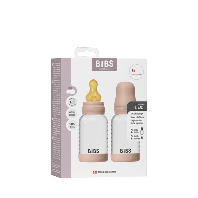 BIBS Glass Baby Bottle Round Latex Slow Flow Blush 120 ml 2 st