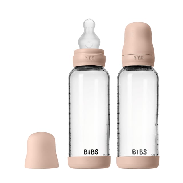BIBS Glass Baby Bottle Round Silicone Medium Flow Blush 240 ml 2 st