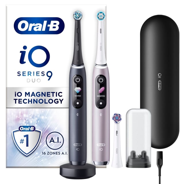 Oral-B iO 9 Eltandborste Duopack, Svart och Rosa, 3 tandborsthuvuden, 1 laddningsbart resefodral