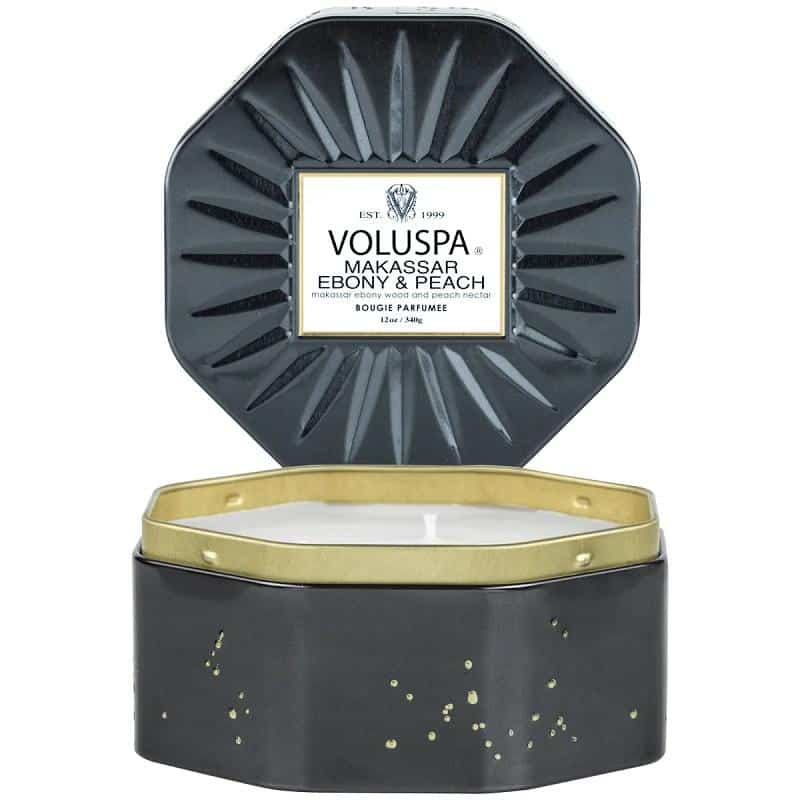 Voluspa 3-Wick Octagonal Tin Candle Makassar Ebony & Peach 340g