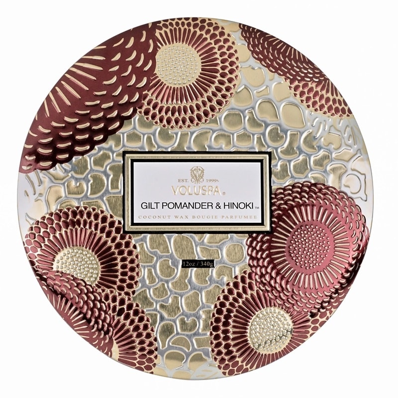 Voluspa 3-Wick Candle Decorative Tin Gilt Pomander & Hinoki 340g