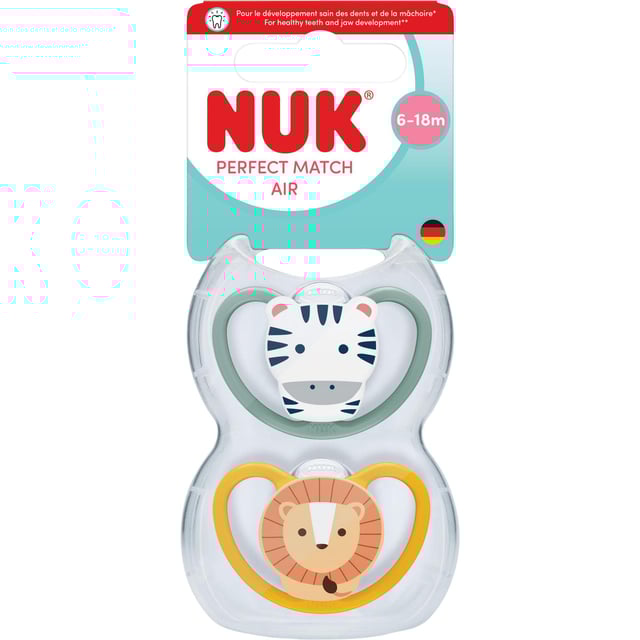 NUK Perfect Match Air Zebra/Lion, stl 6-18 mån 2 st