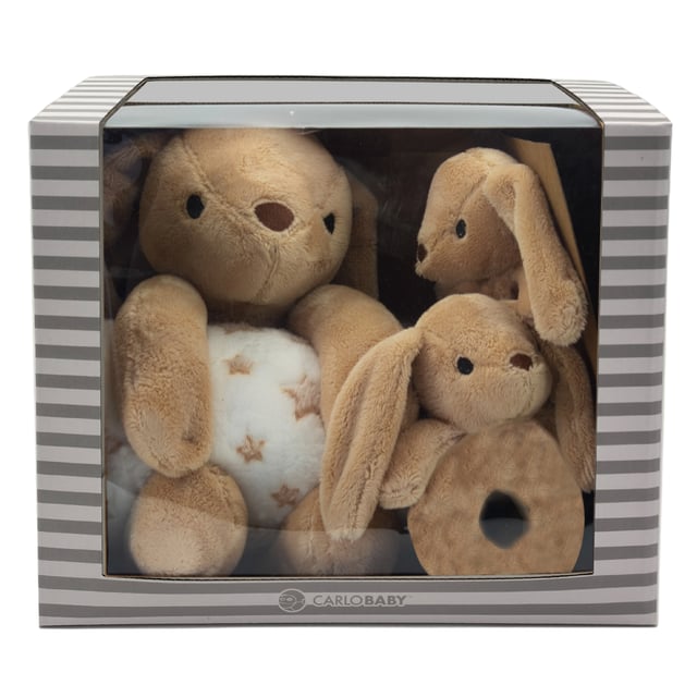 Carlo Baby Gift Set Med Brun Kanin, Snutte & Skallra