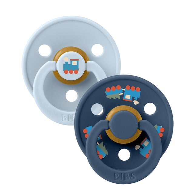 BIBS Pacifier Colour Holiday Train 2 PACK Latex Size 1 Baby Blue/Steel Blue